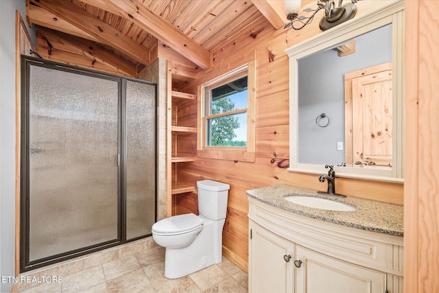 bathroom with wood walls, vanity, a shower with shower door, wood ceiling, and toilet