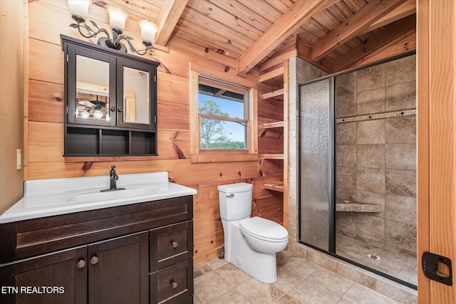 bathroom featuring wooden walls, vanity, wooden ceiling, and lofted ceiling with beams