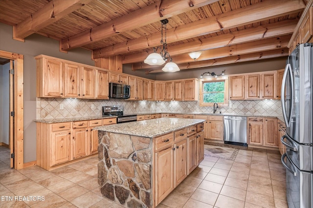 kitchen featuring tasteful backsplash, beamed ceiling, a center island, light tile patterned flooring, and stainless steel appliances