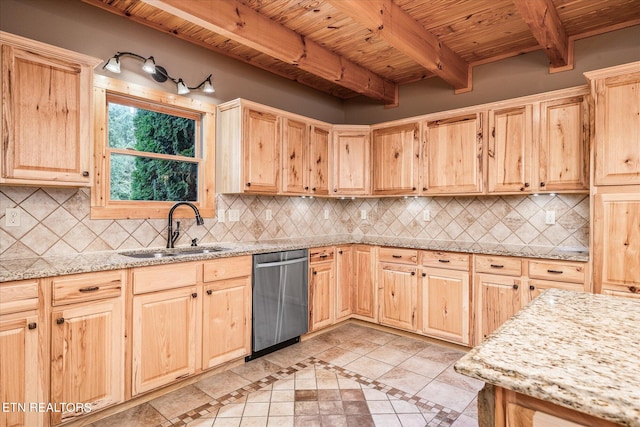 kitchen featuring light tile patterned flooring, decorative backsplash, beamed ceiling, and dishwasher