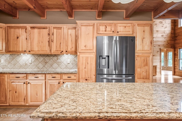 kitchen with stainless steel fridge with ice dispenser, beam ceiling, wooden ceiling, and backsplash