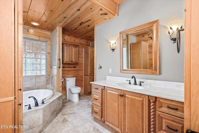 bathroom featuring wood ceiling, toilet, tile patterned flooring, vanity, and a relaxing tiled tub