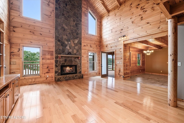 unfurnished living room with light hardwood / wood-style floors, high vaulted ceiling, wooden ceiling, and wooden walls