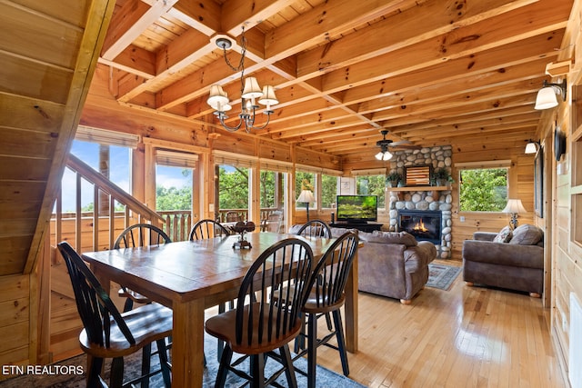 dining area with light wood-type flooring, wood ceiling, a stone fireplace, wood walls, and beamed ceiling