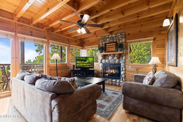 living area with wood-type flooring, wood ceiling, wood walls, and beam ceiling