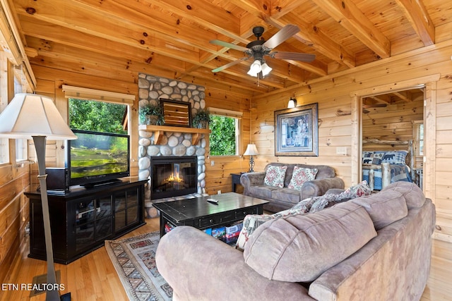 living area with wooden ceiling, beam ceiling, and wood walls