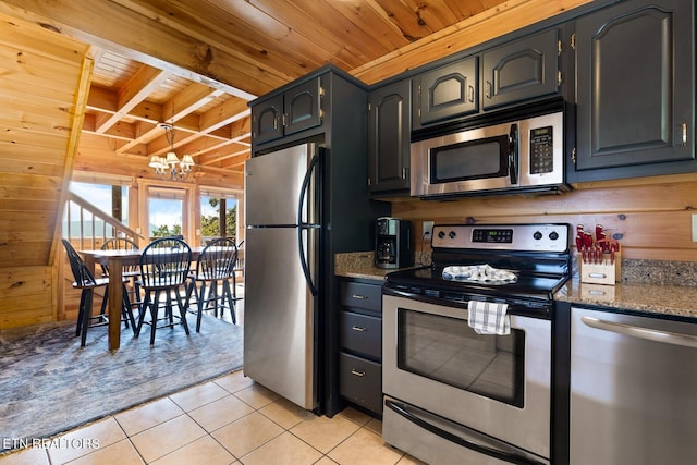 kitchen with wood ceiling, a chandelier, wooden walls, light tile patterned floors, and stainless steel appliances