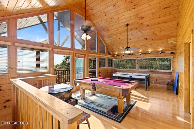rec room featuring wooden walls, ceiling fan, wood finished floors, billiards, and wood ceiling