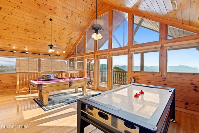 game room featuring pool table, wood ceiling, a ceiling fan, wood finished floors, and a mountain view