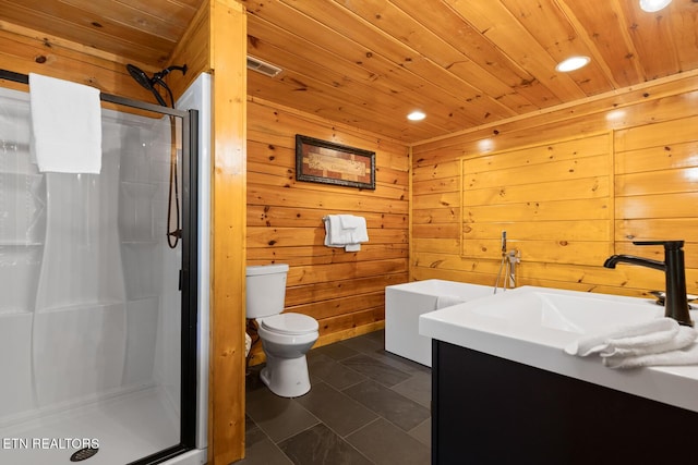 full bath featuring vanity, toilet, a stall shower, and wood ceiling