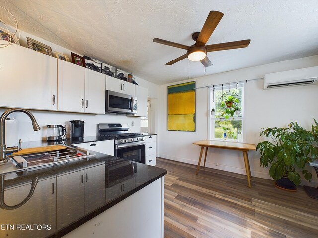 kitchen with ceiling fan, an AC wall unit, dark hardwood / wood-style flooring, white cabinetry, and appliances with stainless steel finishes