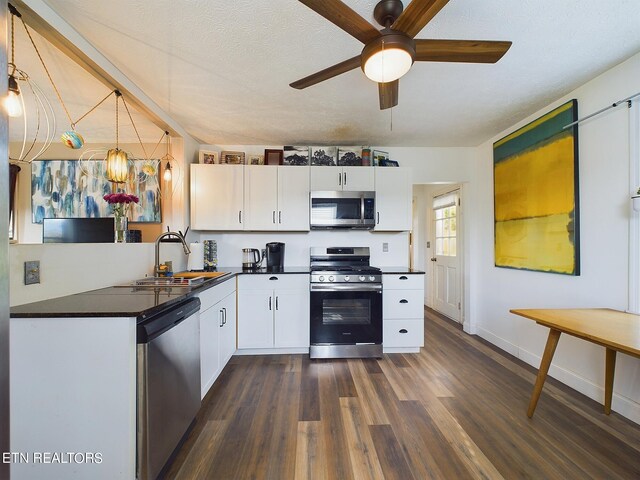 kitchen featuring dark hardwood / wood-style flooring, hanging light fixtures, white cabinetry, appliances with stainless steel finishes, and sink