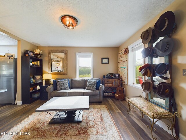 living room featuring dark hardwood / wood-style floors and a textured ceiling