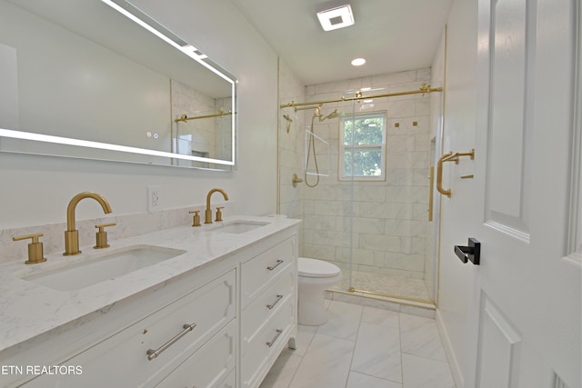 bathroom with tile patterned flooring, an enclosed shower, toilet, and vanity