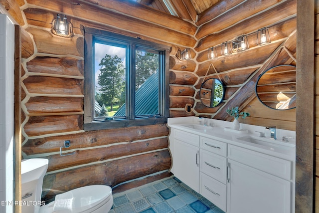 bathroom with wood ceiling, toilet, tile patterned flooring, vanity, and log walls