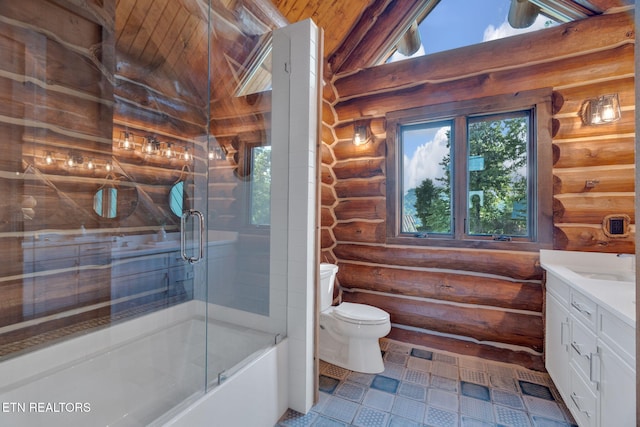 full bathroom with toilet, tile patterned flooring, vanity, log walls, and wooden ceiling