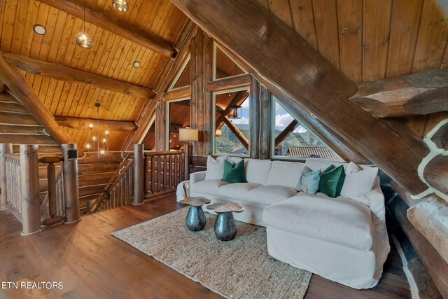 living room with wooden ceiling, vaulted ceiling with beams, and hardwood / wood-style floors