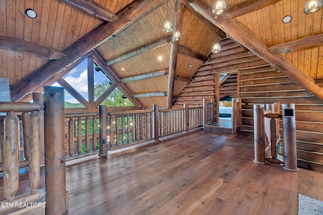 unfurnished living room with lofted ceiling with beams, wood-type flooring, and wood ceiling