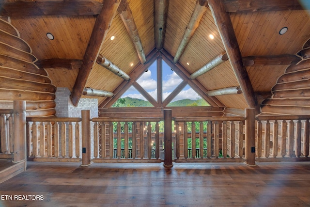 details with hardwood / wood-style flooring, beamed ceiling, log walls, and wood ceiling