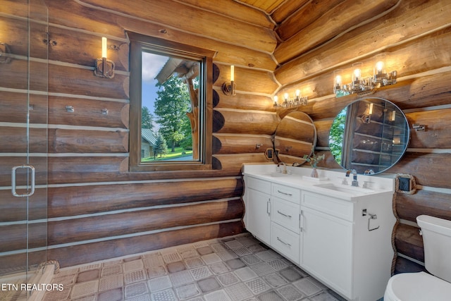 bathroom featuring log walls, tile patterned flooring, vanity, toilet, and walk in shower