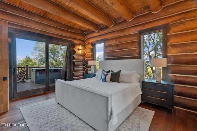 bedroom with log walls, beam ceiling, wooden ceiling, and hardwood / wood-style flooring