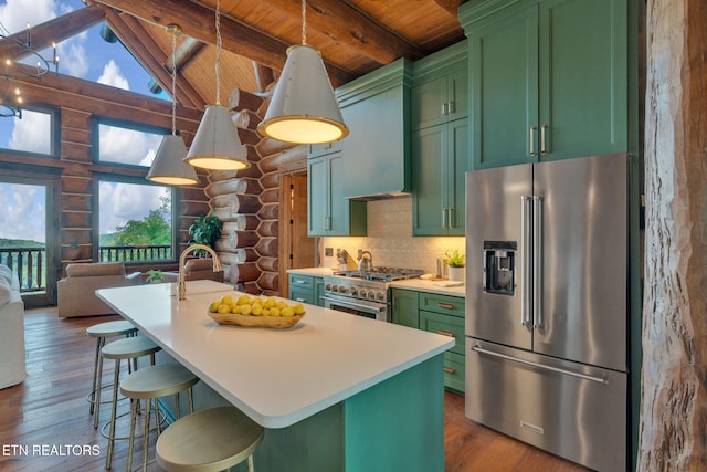 kitchen featuring a kitchen island with sink, beam ceiling, appliances with stainless steel finishes, and dark hardwood / wood-style flooring