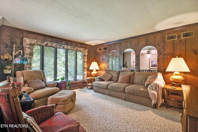 living room with wood walls