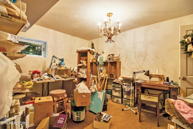 miscellaneous room featuring carpet and an inviting chandelier