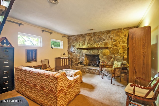 carpeted living room with a fireplace and ornamental molding