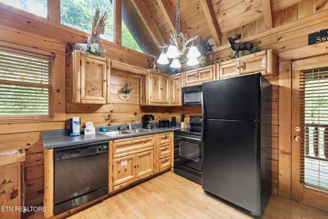 kitchen with light hardwood / wood-style floors, a wealth of natural light, and black appliances