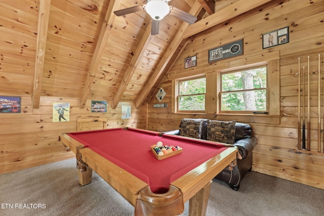 game room with carpet floors, pool table, and wood walls