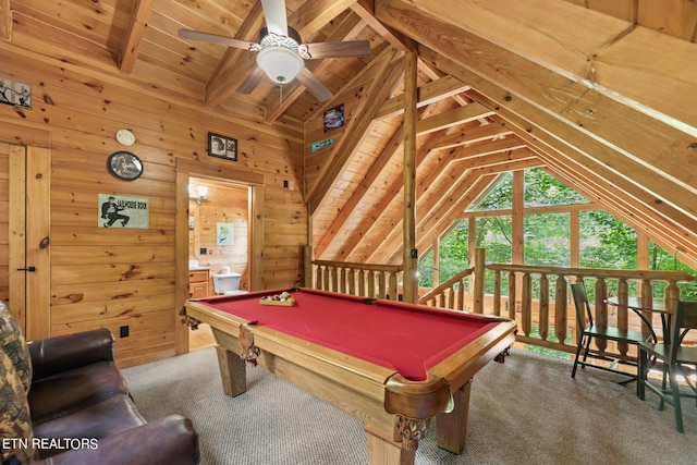 recreation room featuring ceiling fan, carpet flooring, wood walls, and pool table