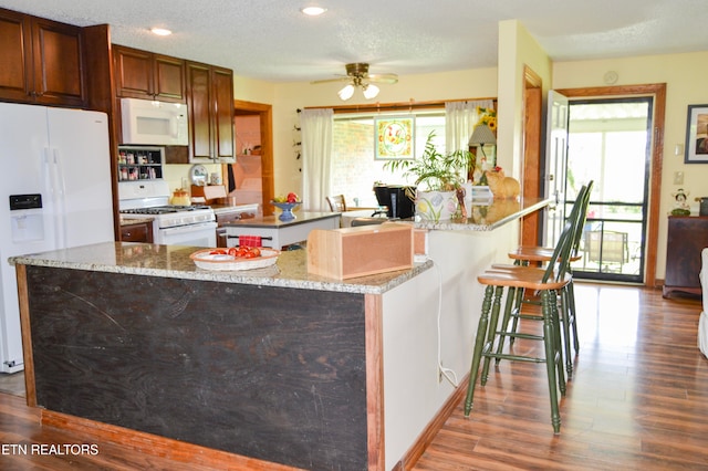 kitchen featuring white appliances, ceiling fan, dark hardwood / wood-style flooring, and plenty of natural light