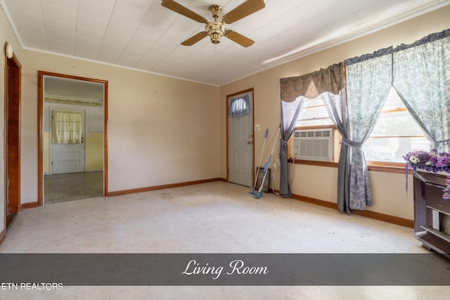 unfurnished room with ceiling fan, crown molding, light colored carpet, and cooling unit