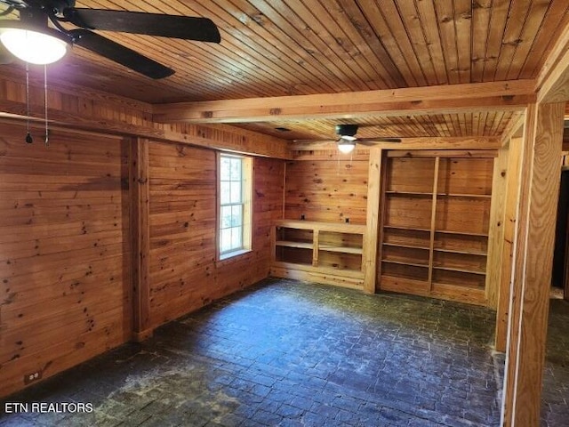 below grade area featuring ceiling fan, wood walls, and wooden ceiling