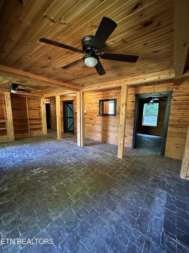 unfurnished living room featuring ceiling fan, wood walls, and wooden ceiling