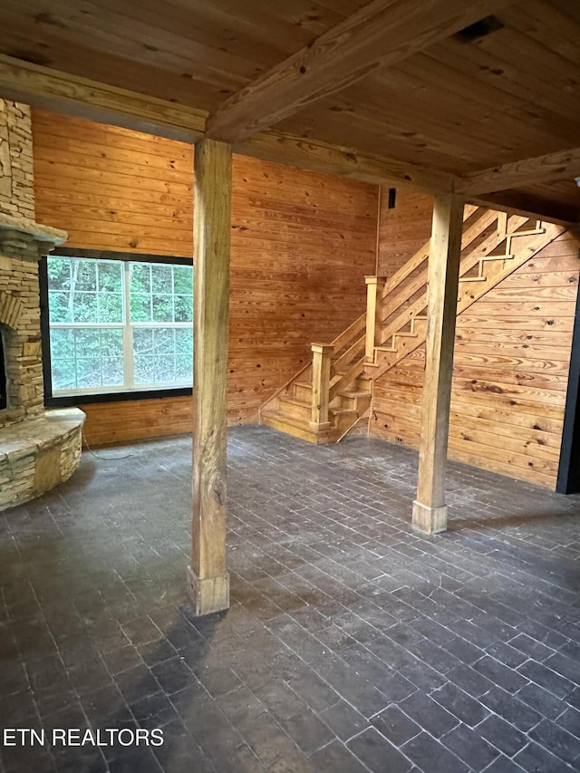 interior space with wood walls and wooden ceiling