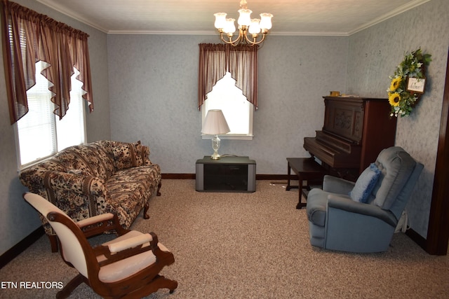 living area with an inviting chandelier, carpet, baseboards, and crown molding