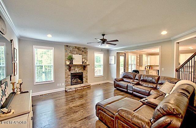 living room with crown molding, a fireplace, baseboards, and dark wood-type flooring