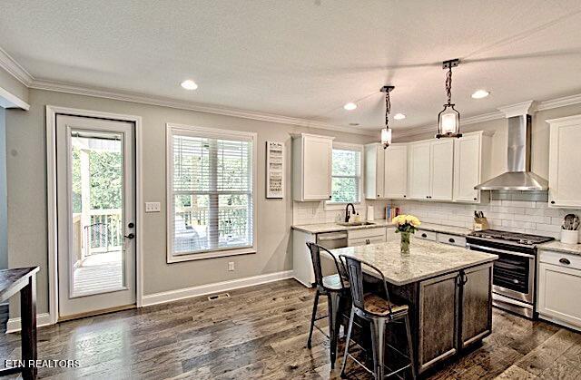 kitchen with decorative light fixtures, a center island, stainless steel appliances, wall chimney range hood, and a sink