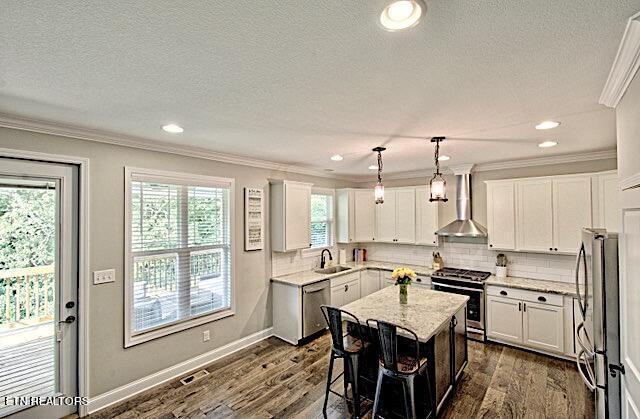 kitchen featuring a center island, hanging light fixtures, appliances with stainless steel finishes, a sink, and wall chimney exhaust hood