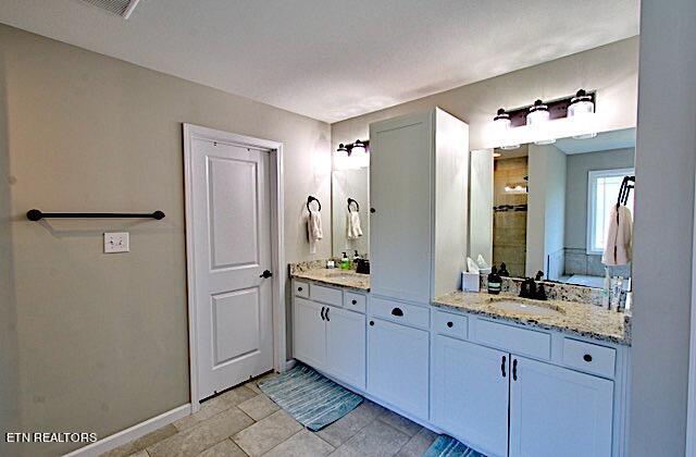 full bathroom featuring double vanity, a sink, visible vents, and baseboards