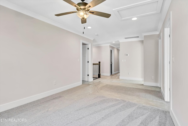 spare room with visible vents, baseboards, ceiling fan, ornamental molding, and recessed lighting