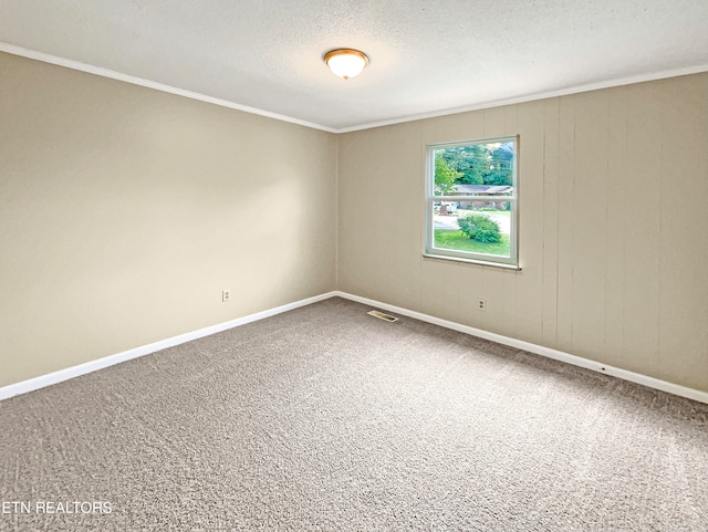 carpeted empty room with crown molding and a textured ceiling