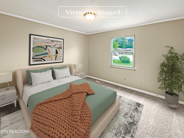 bedroom with carpet and crown molding