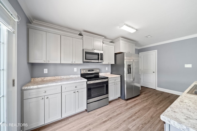 kitchen featuring appliances with stainless steel finishes, light hardwood / wood-style floors, white cabinets, and ornamental molding