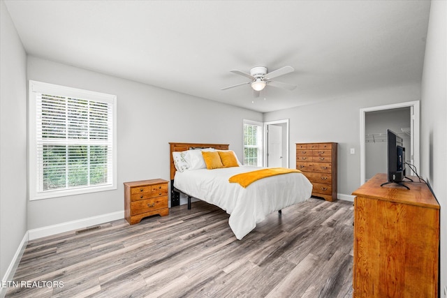 bedroom featuring a ceiling fan, multiple windows, baseboards, and wood finished floors