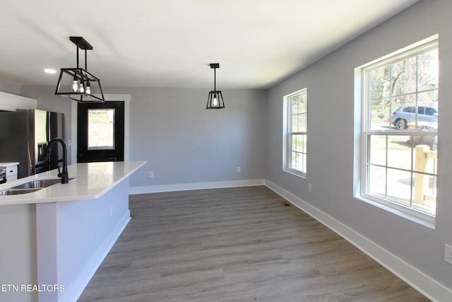 kitchen with hardwood / wood-style flooring, plenty of natural light, and pendant lighting