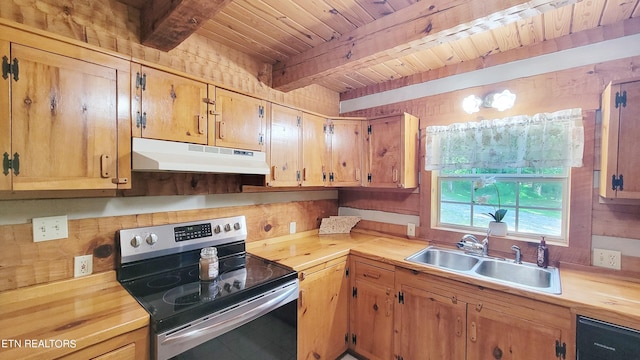 kitchen with beam ceiling, butcher block counters, sink, stainless steel range with electric stovetop, and wood ceiling