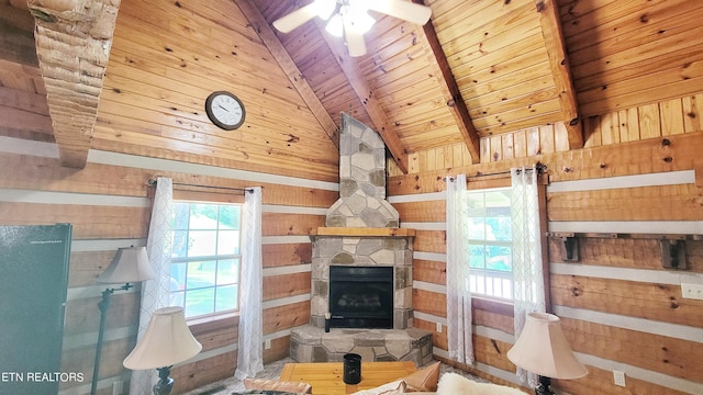 unfurnished living room featuring wooden ceiling, high vaulted ceiling, wooden walls, a fireplace, and beamed ceiling